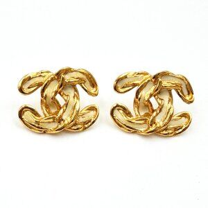 Chanel Vintage Gold Plated CC White Enamel Chain Piercing Earrings